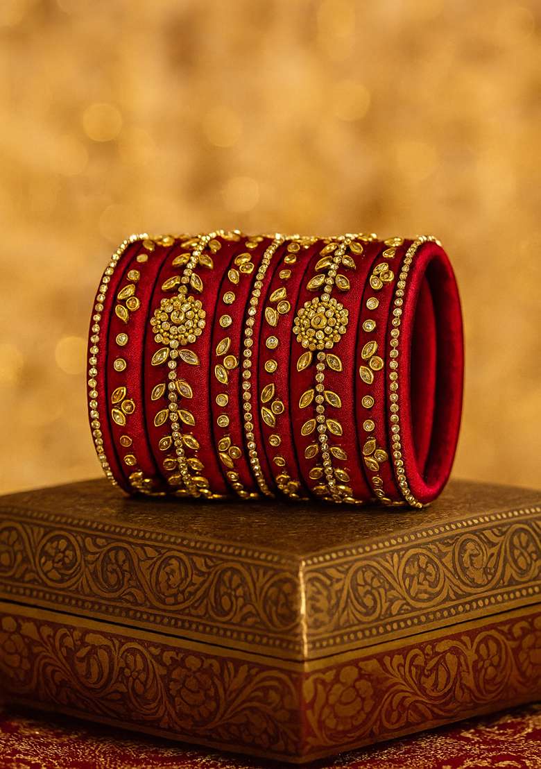 Maroon Kundan Work Silk Bangle Set - Indya