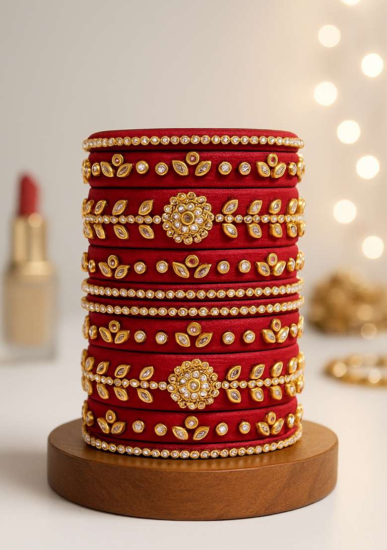 Maroon Kundan Work Silk Bangle Set - Indya
