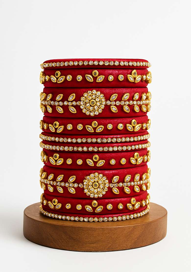 Maroon Kundan Work Silk Bangle Set - Indya