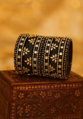 Black Kundan Work Silk Bangle Set