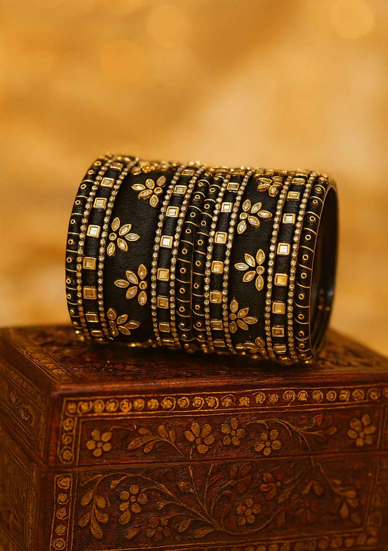 Black Kundan Work Silk Bangle Set - Indya