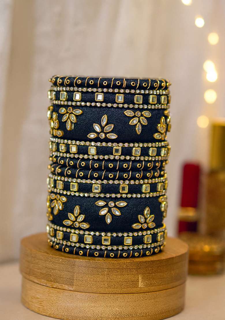 Black Kundan Work Silk Bangle Set - Indya