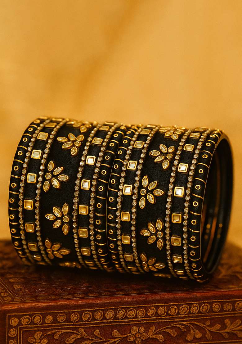 Black Kundan Work Silk Bangle Set - Indya