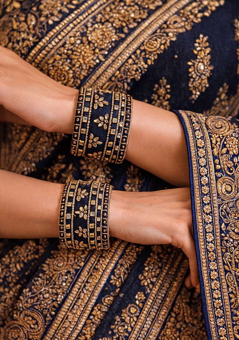Black Kundan Work Silk Bangle Set - Indya