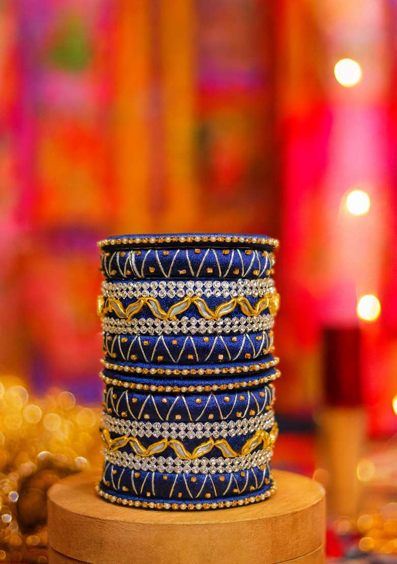 Blue Kundan Work Silk Bangle Set - Indya