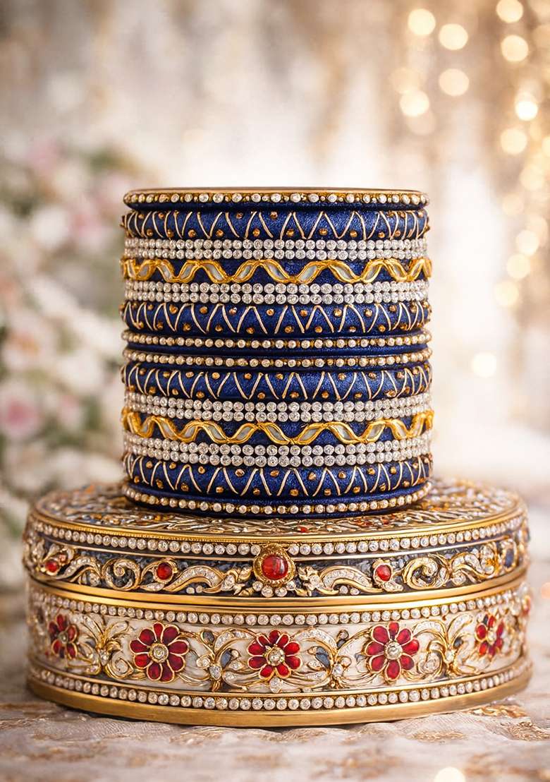 Blue Kundan Work Silk Bangle Set - Indya