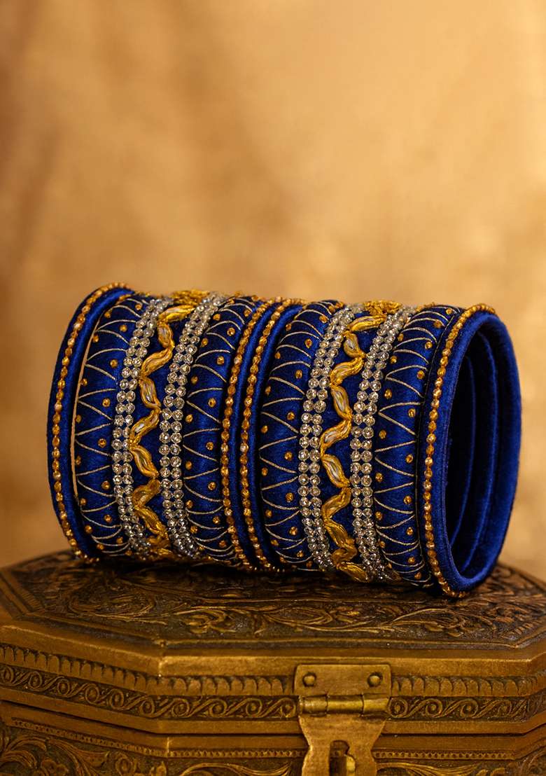 Blue Kundan Work Silk Bangle Set - Indya