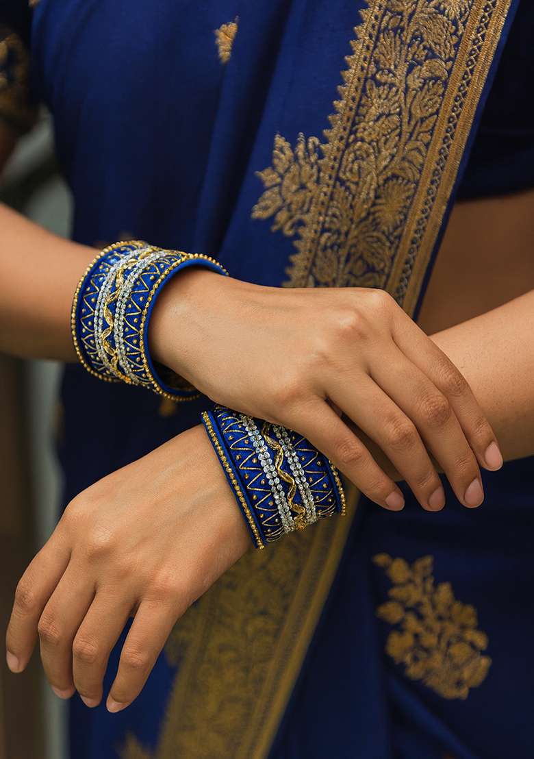 Blue Kundan Work Silk Bangle Set - Indya