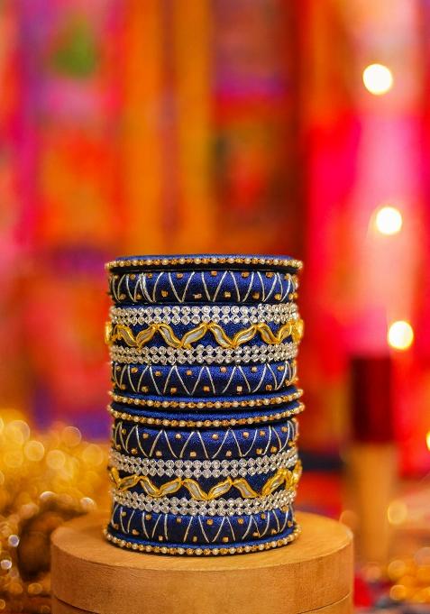 Blue Kundan Work Silk Bangle Set