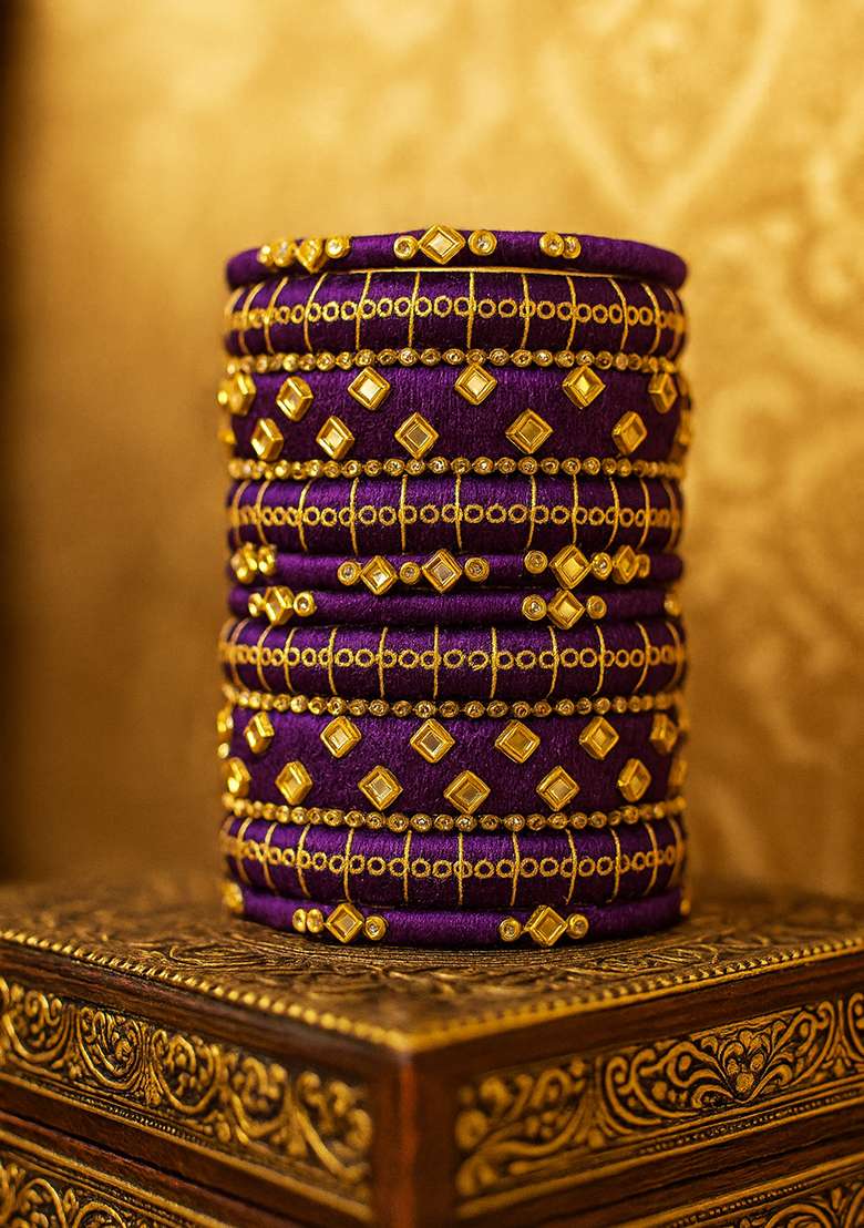 Purple Kundan Work Silk Bangle Set - Indya