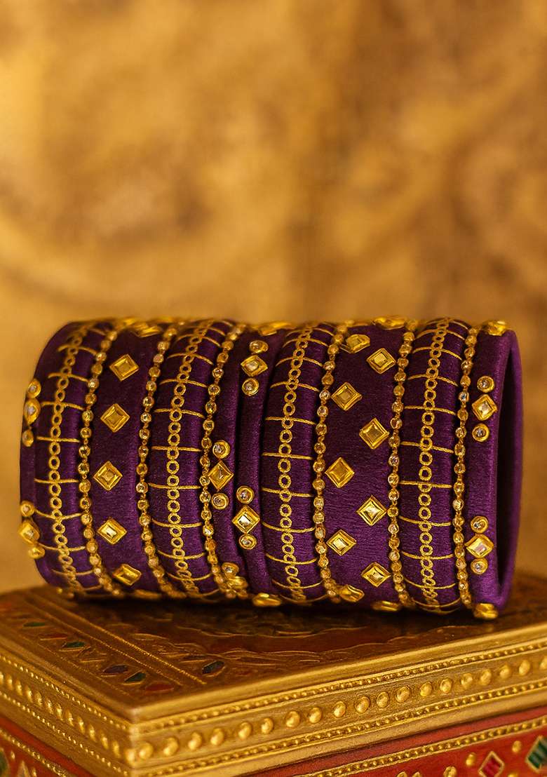 Purple Kundan Work Silk Bangle Set - Indya