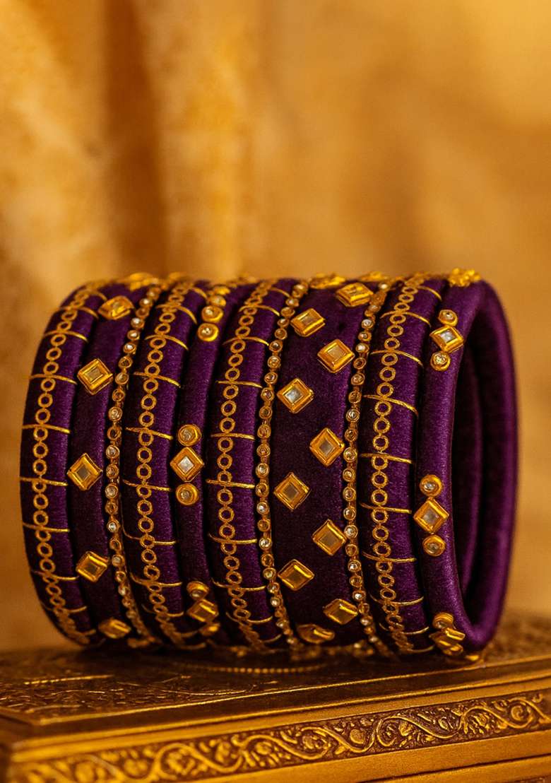 Purple Kundan Work Silk Bangle Set - Indya