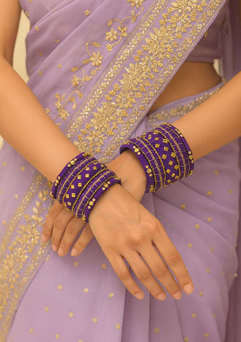 Purple Kundan Work Silk Bangle Set - Indya