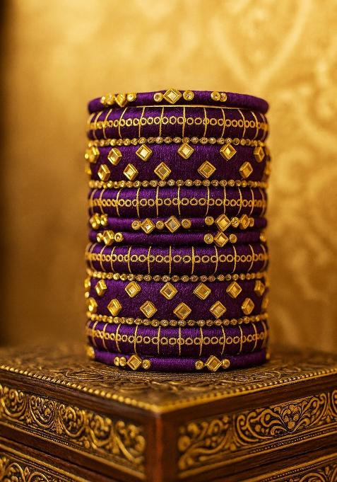 Purple Kundan Work Silk Bangle Set