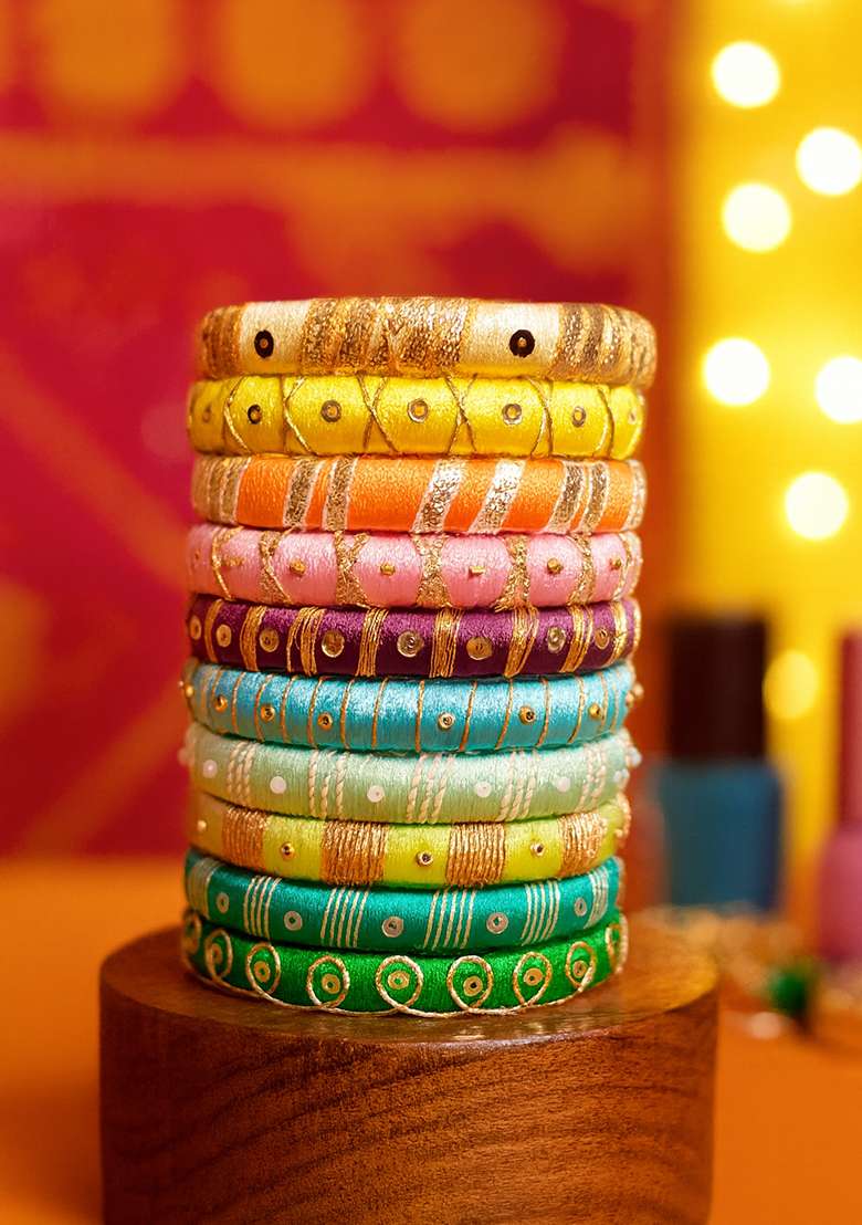 Multicolor Kundan Work Silk Bangle Set - Indya
