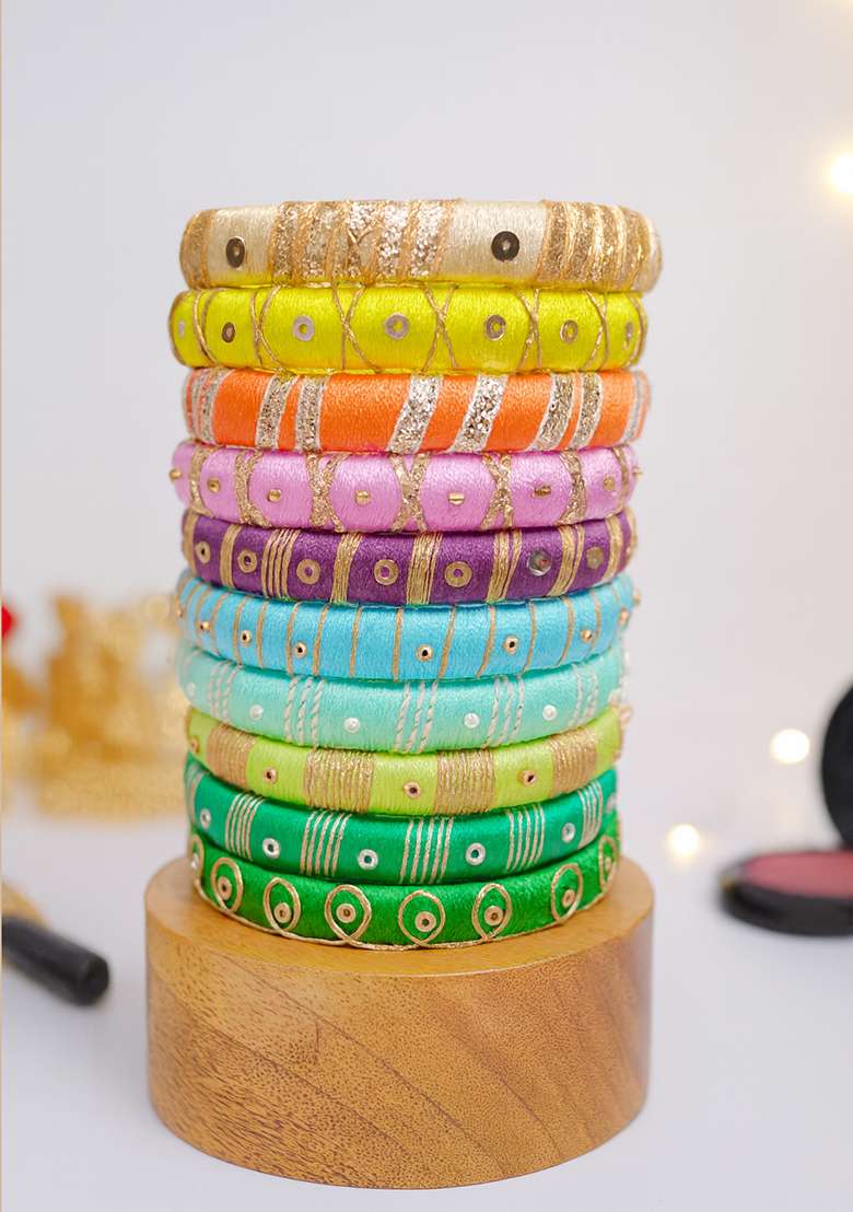 Multicolor Kundan Work Silk Bangle Set - Indya