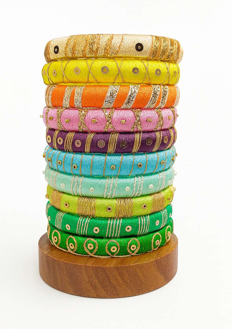 Multicolor Kundan Work Silk Bangle Set - Indya