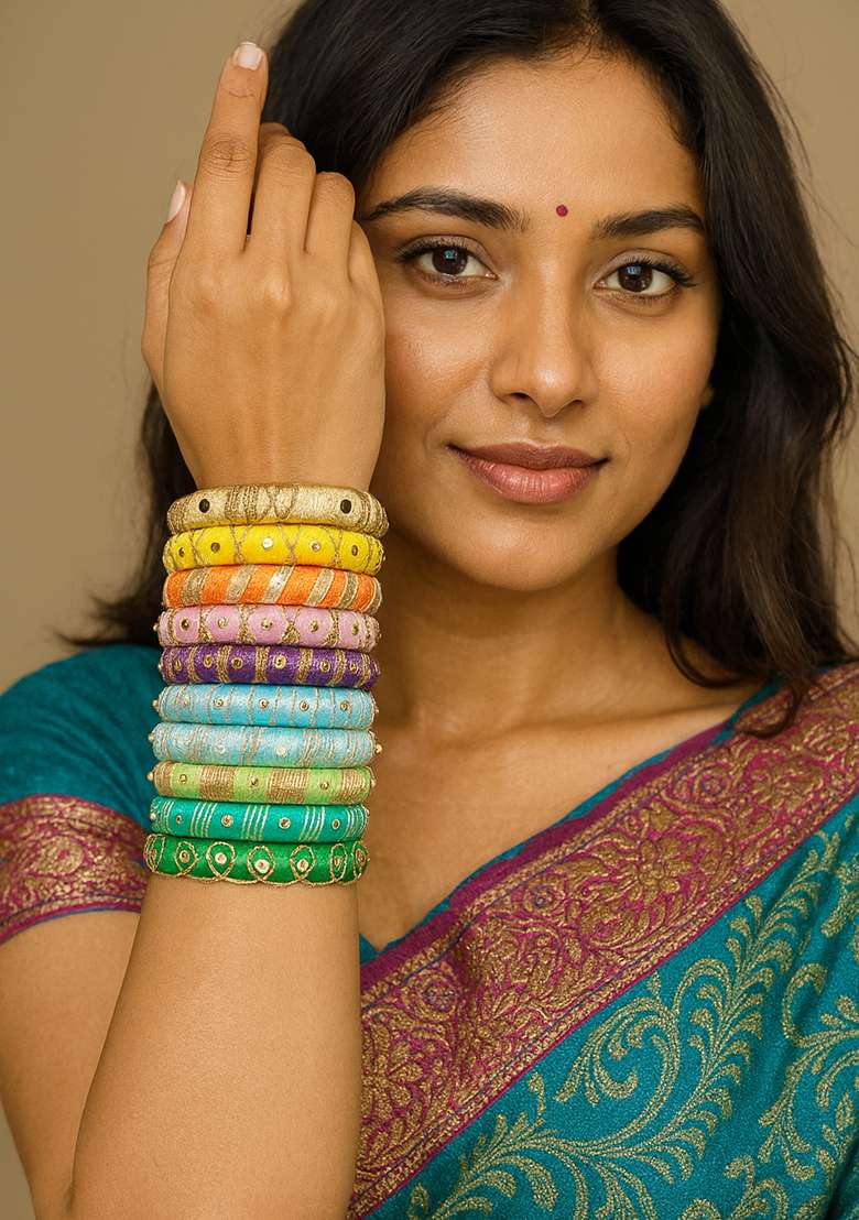 Multicolor Kundan Work Silk Bangle Set - Indya