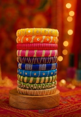 Multicolor Kundan Work Silk Bangle Set