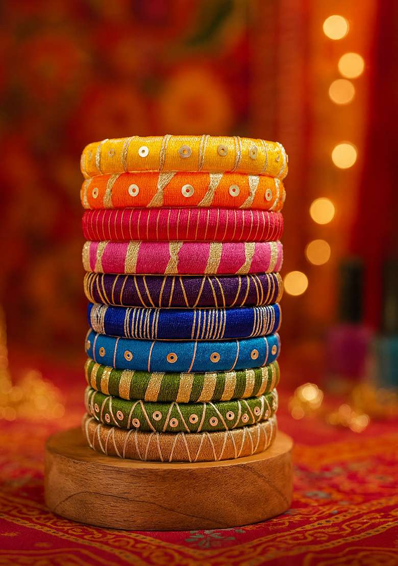 Multicolor Kundan Work Silk Bangle Set - Indya