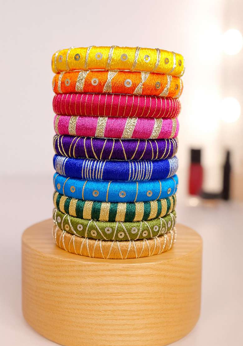 Multicolor Kundan Work Silk Bangle Set - Indya