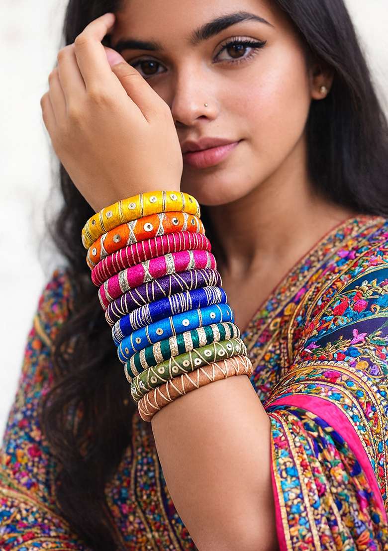Multicolor Kundan Work Silk Bangle Set - Indya