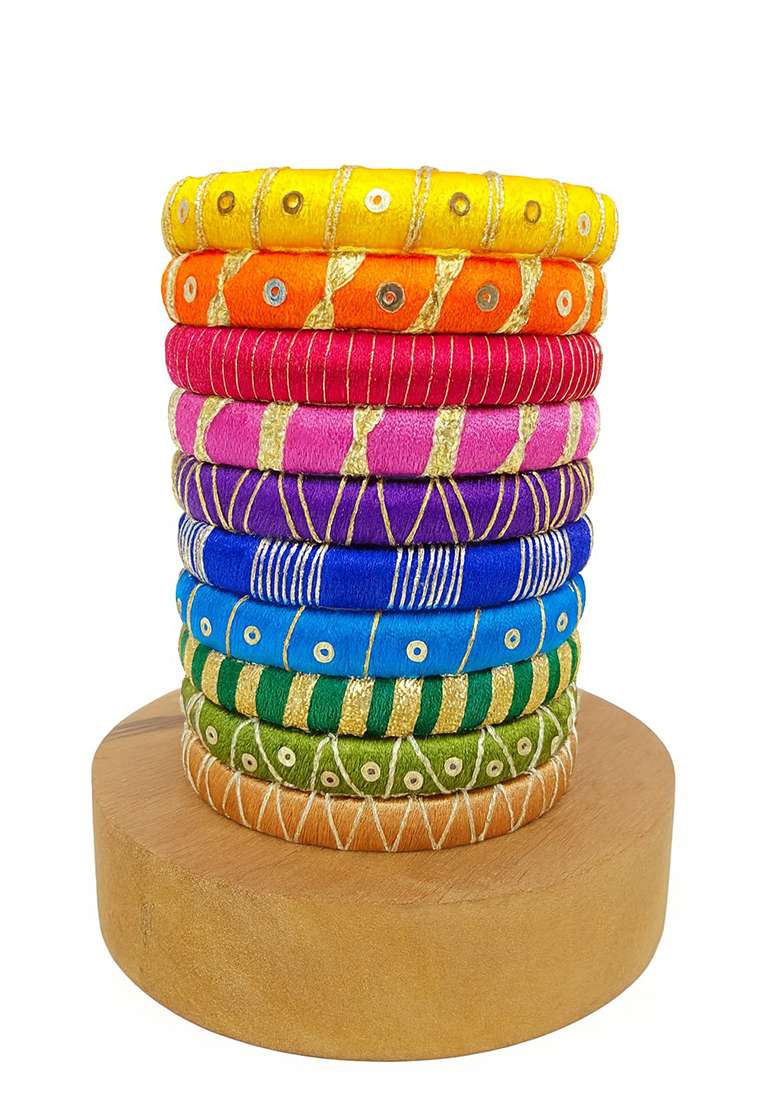 Multicolor Kundan Work Silk Bangle Set - Indya