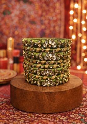 Green Kundan Work Silk Bangle Set