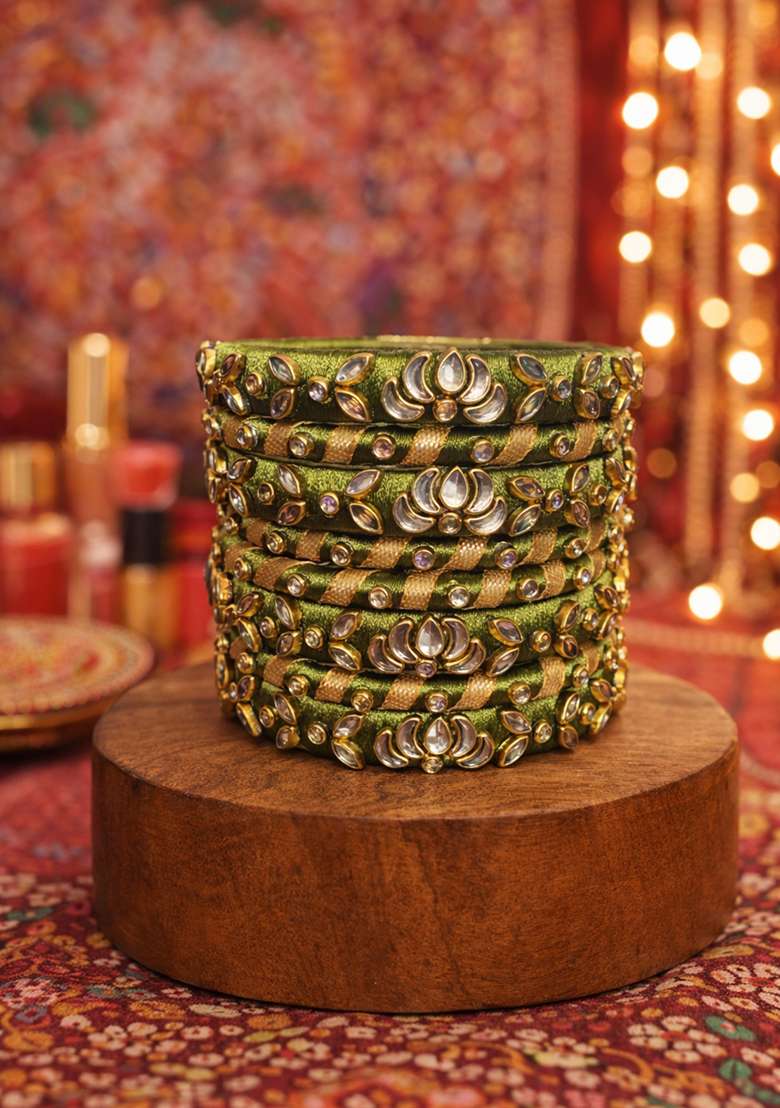 Green Kundan Work Silk Bangle Set - Indya