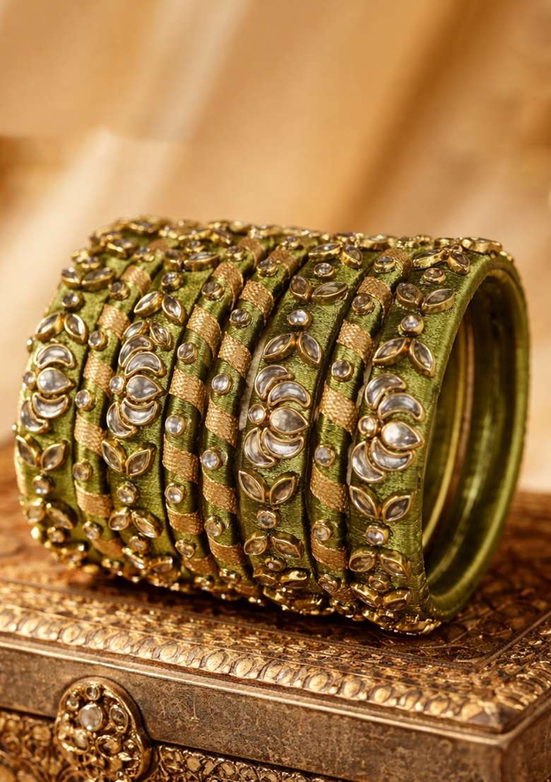 Green Kundan Work Silk Bangle Set - Indya