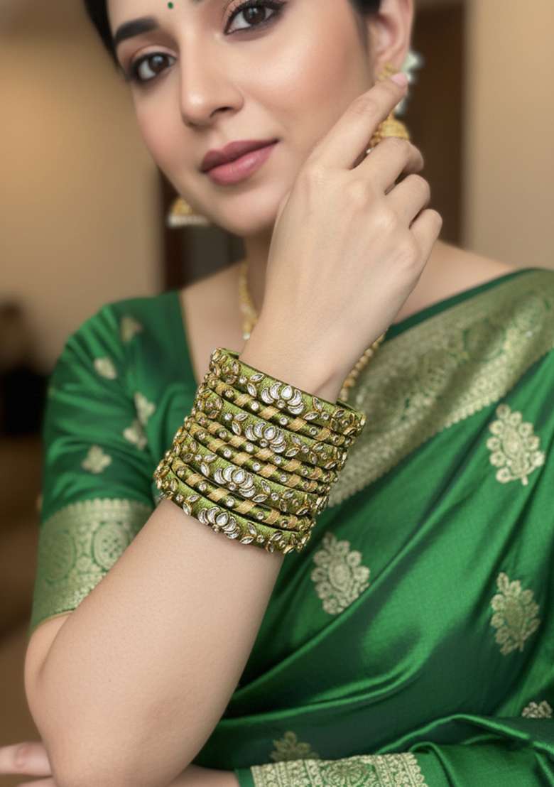 Green Kundan Work Silk Bangle Set - Indya