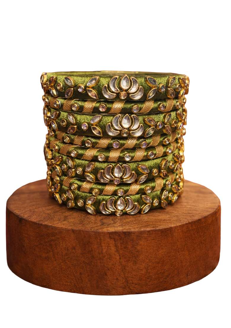 Green Kundan Work Silk Bangle Set - Indya