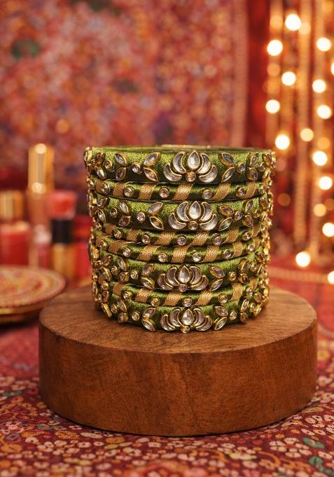 Green Kundan Work Silk Bangle Set