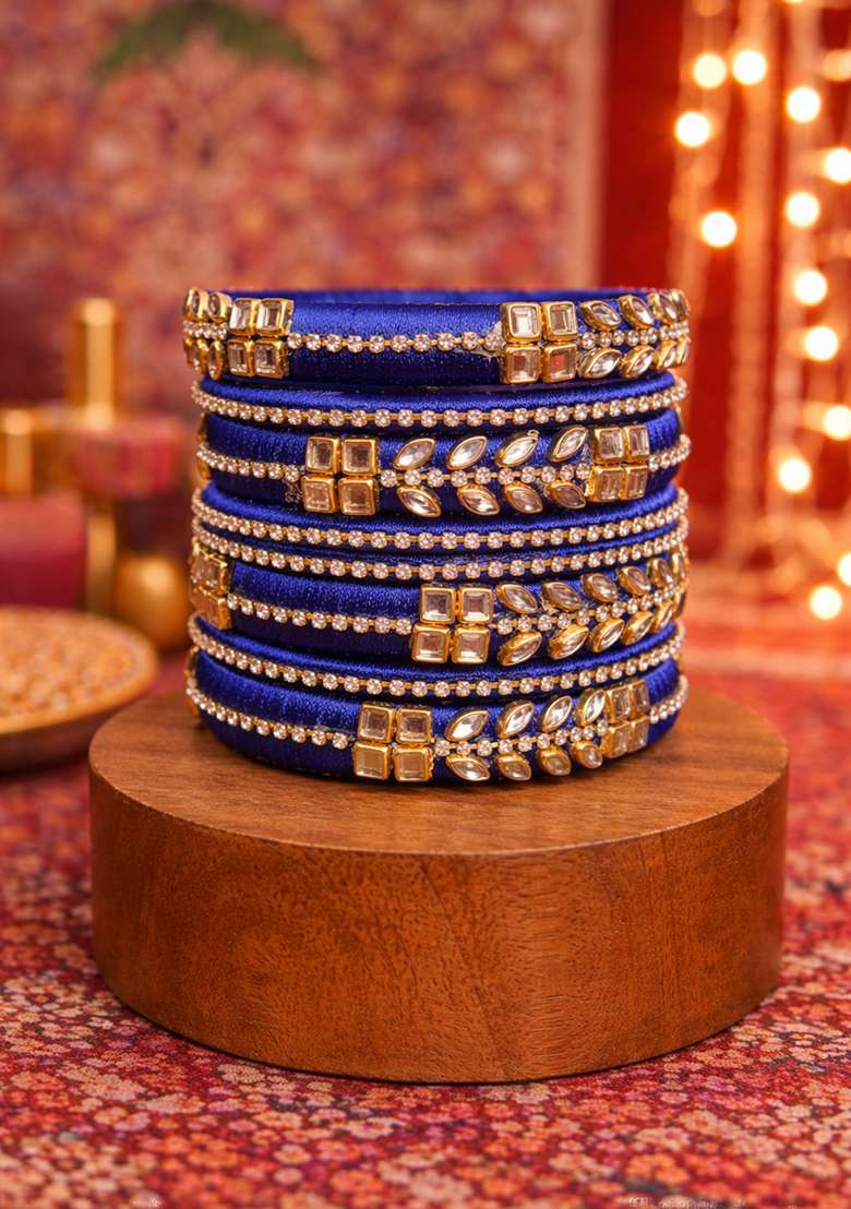 Blue Kundan Work Silk Bangle Set - Indya