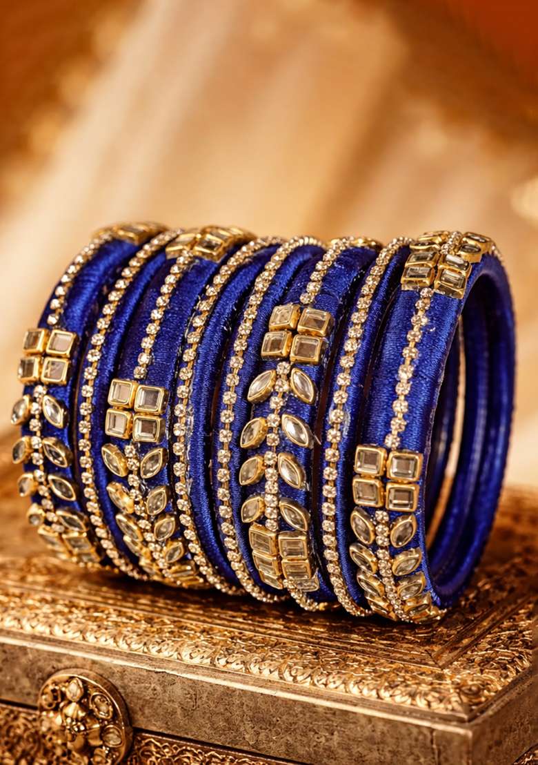 Blue Kundan Work Silk Bangle Set - Indya