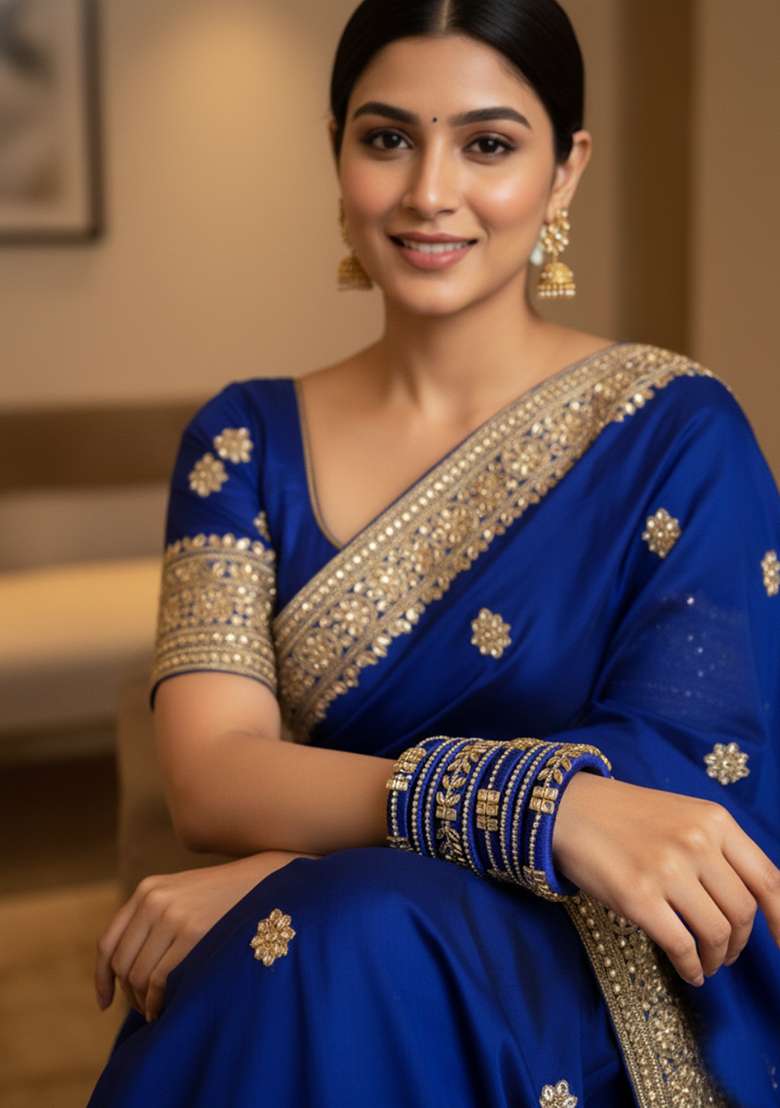 Blue Kundan Work Silk Bangle Set - Indya