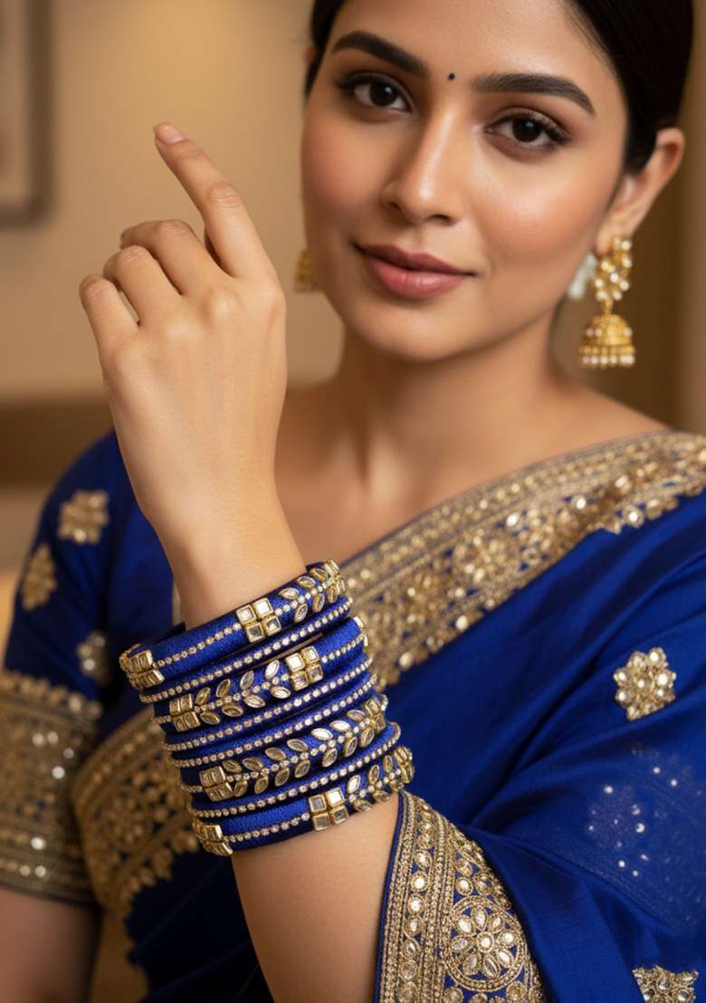 Blue Kundan Work Silk Bangle Set - Indya