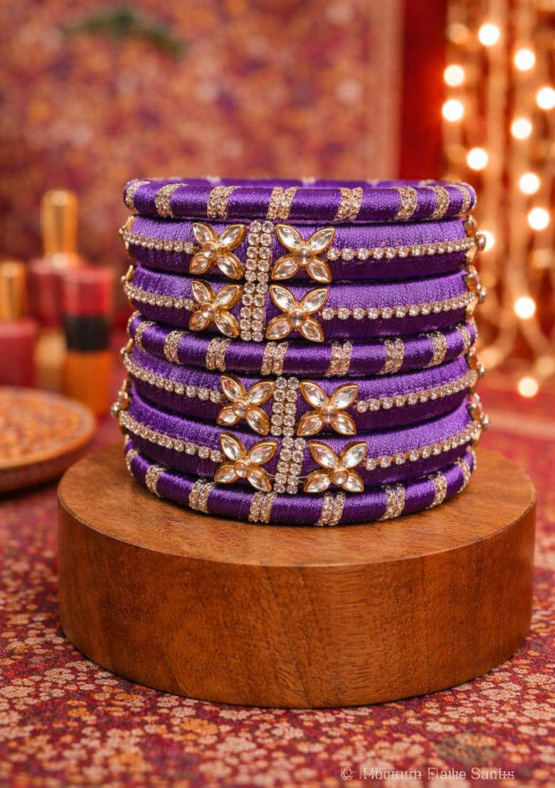 Purple Kundan Work Silk Bangle Set - Indya