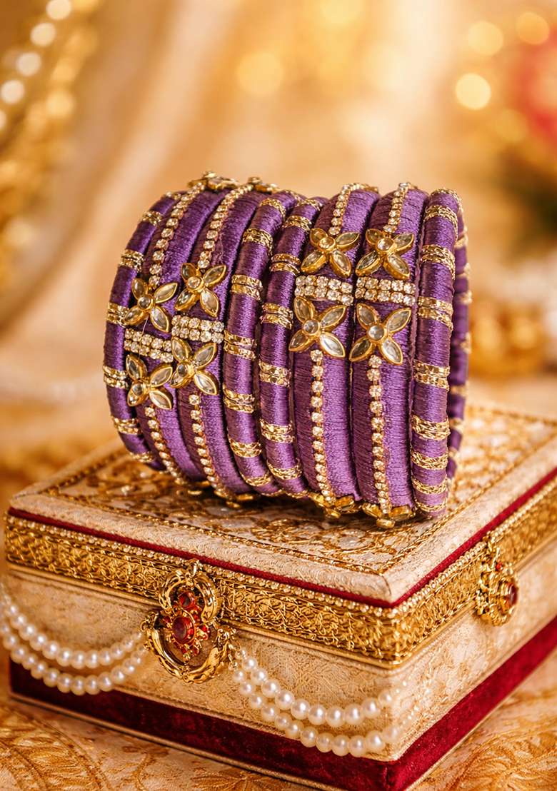 Purple Kundan Work Silk Bangle Set - Indya