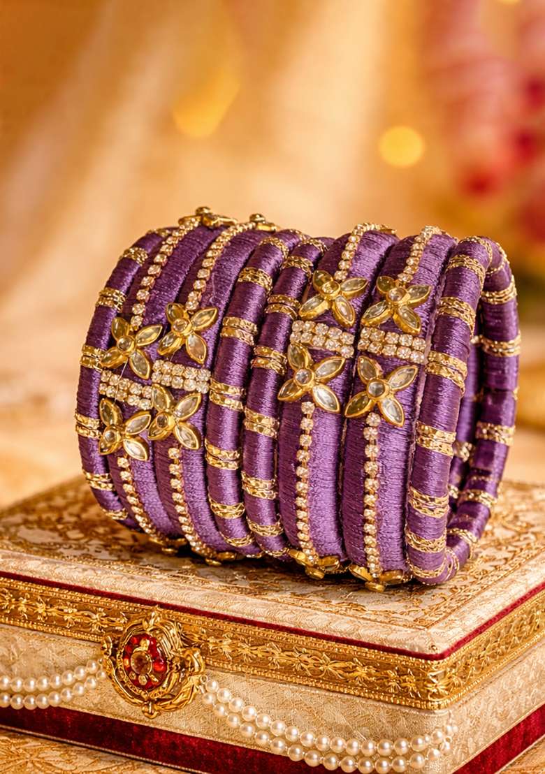 Purple Kundan Work Silk Bangle Set - Indya