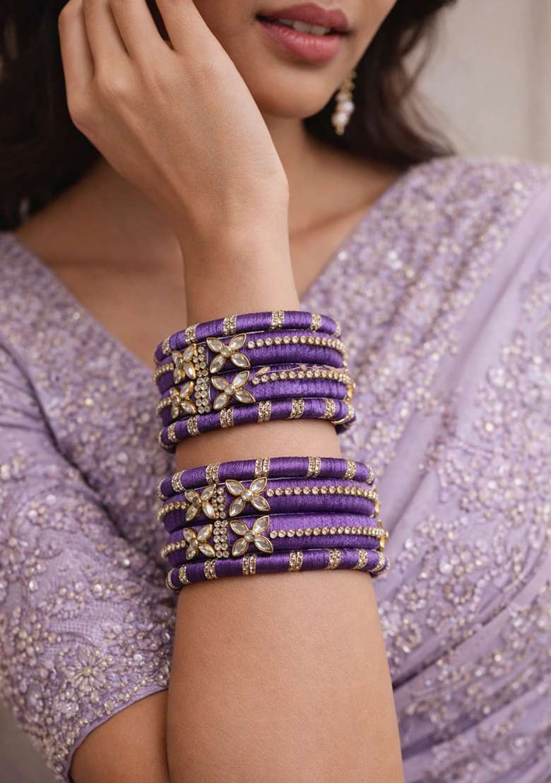 Purple Kundan Work Silk Bangle Set - Indya