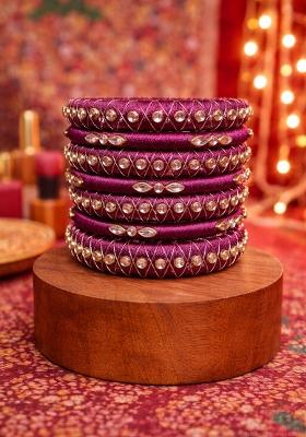Wine Kundan Work Silk Bangle Set