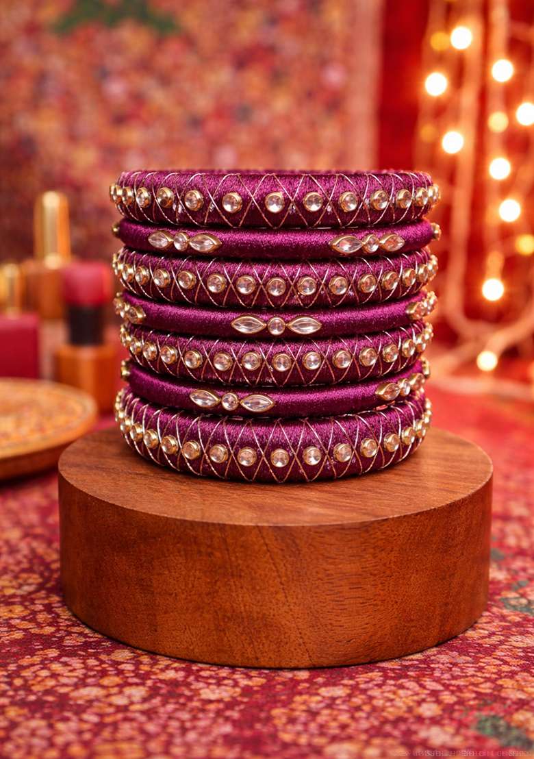 Wine Kundan Work Silk Bangle Set - Indya