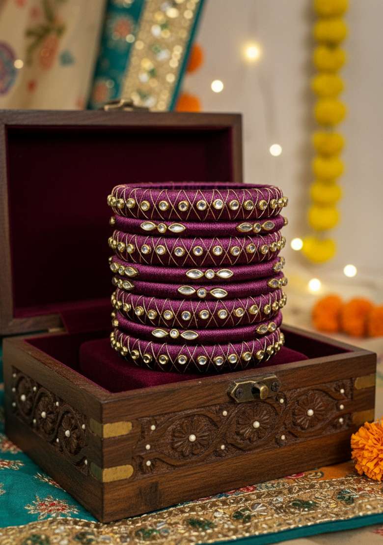 Wine Kundan Work Silk Bangle Set - Indya