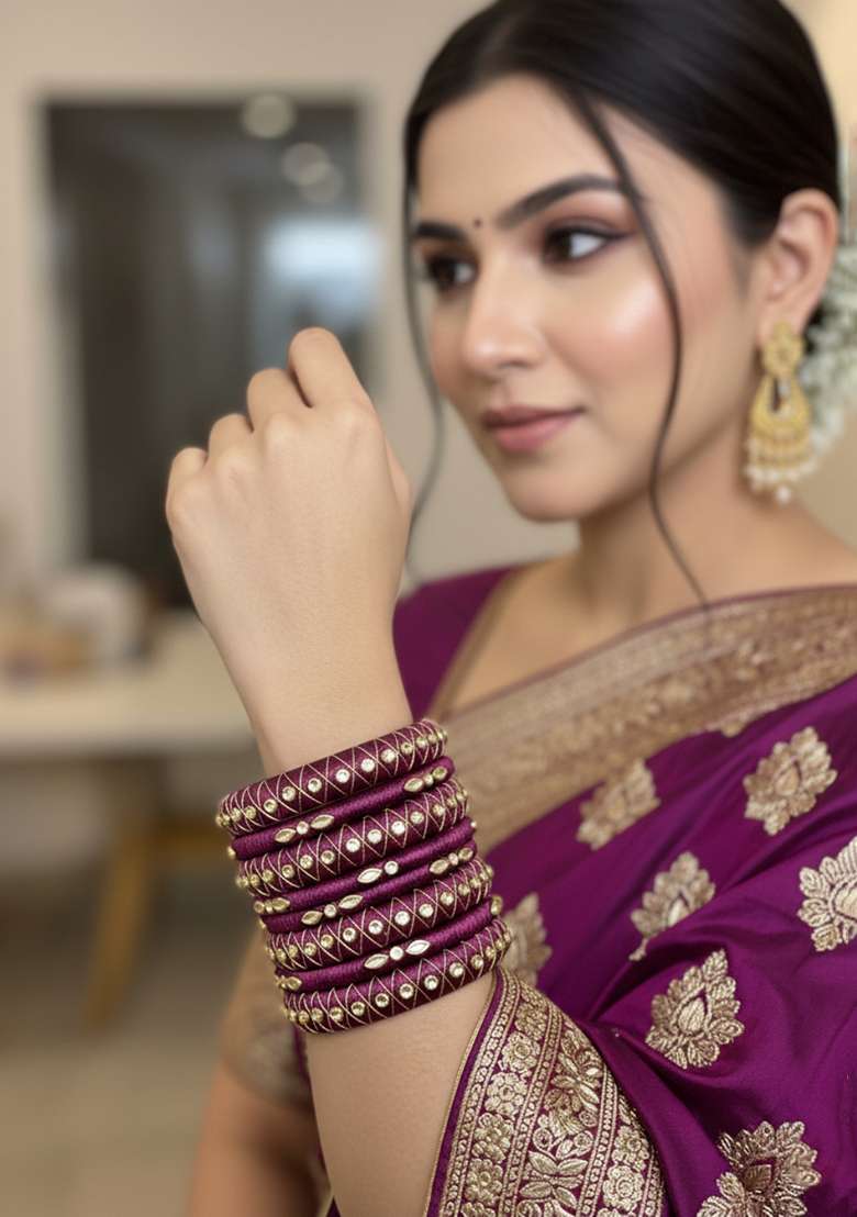 Wine Kundan Work Silk Bangle Set - Indya