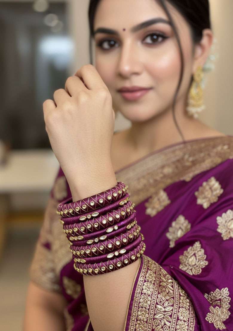 Wine Kundan Work Silk Bangle Set - Indya