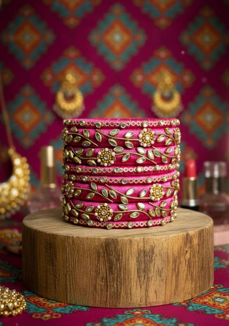 Pink Kundan Work Silk Bangle Set - Indya