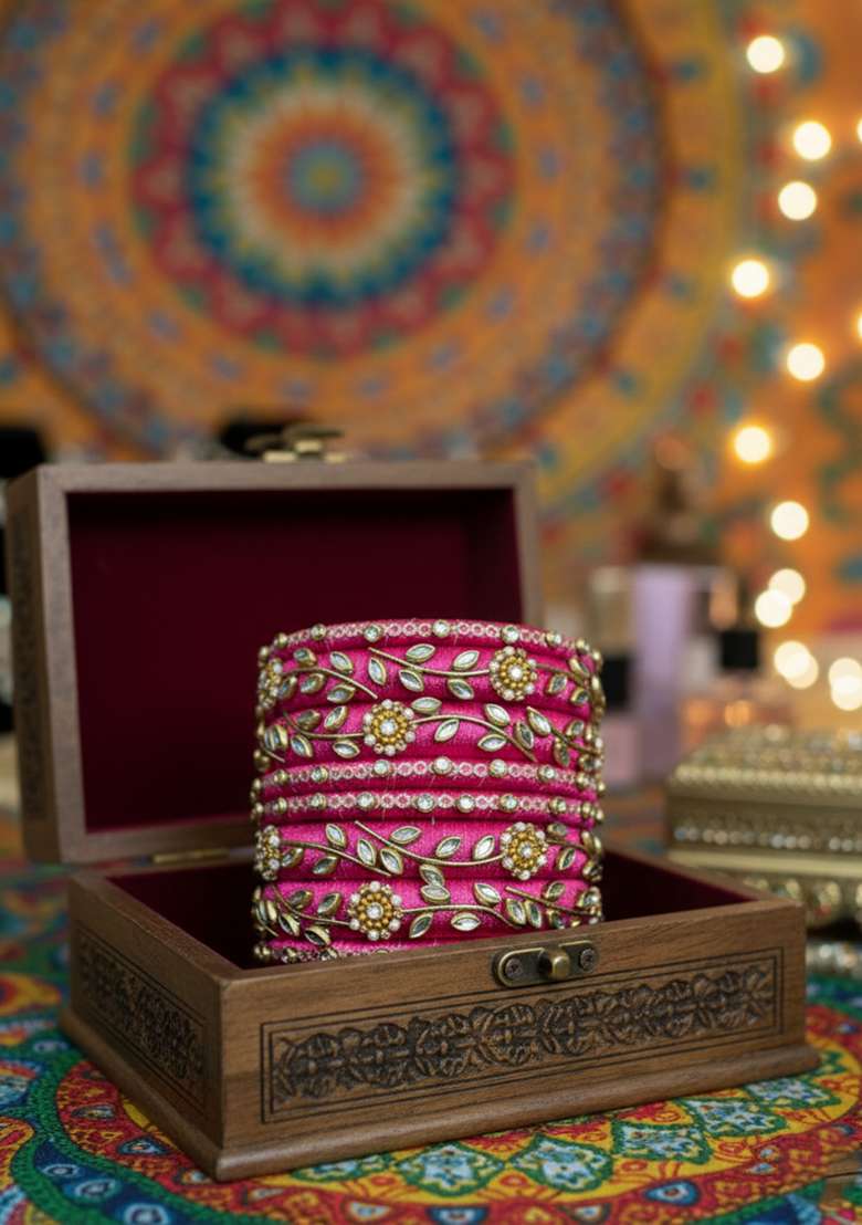 Pink Kundan Work Silk Bangle Set - Indya