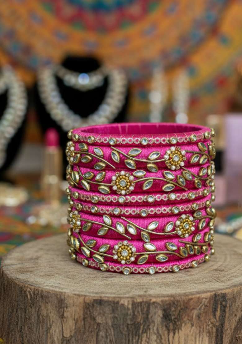 Pink Kundan Work Silk Bangle Set - Indya