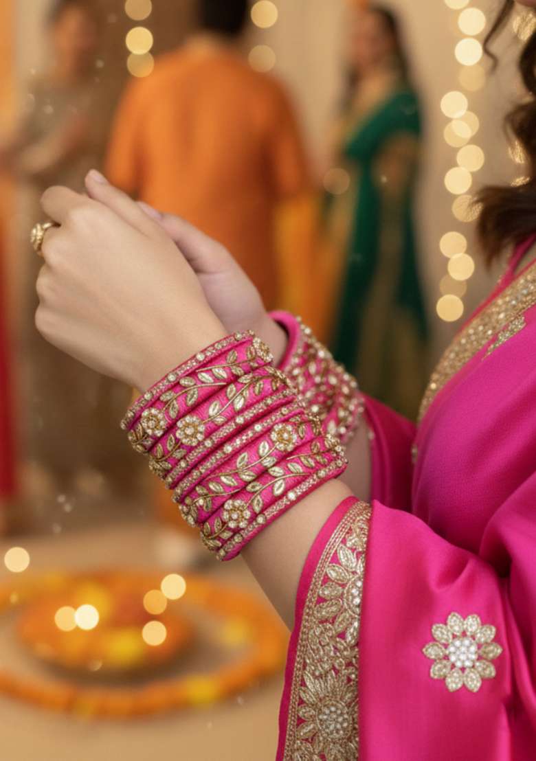 Pink Kundan Work Silk Bangle Set - Indya